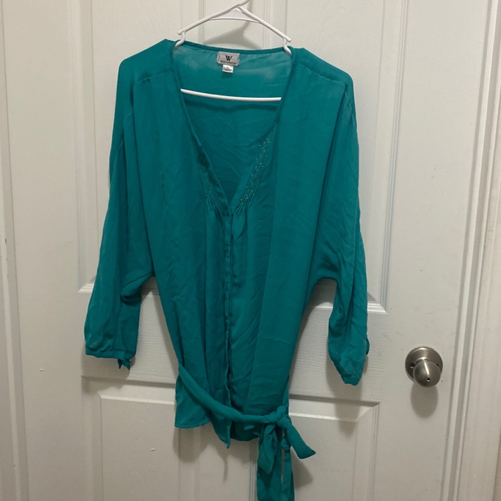 Worthington Teal Green Blouse with tie around waist
